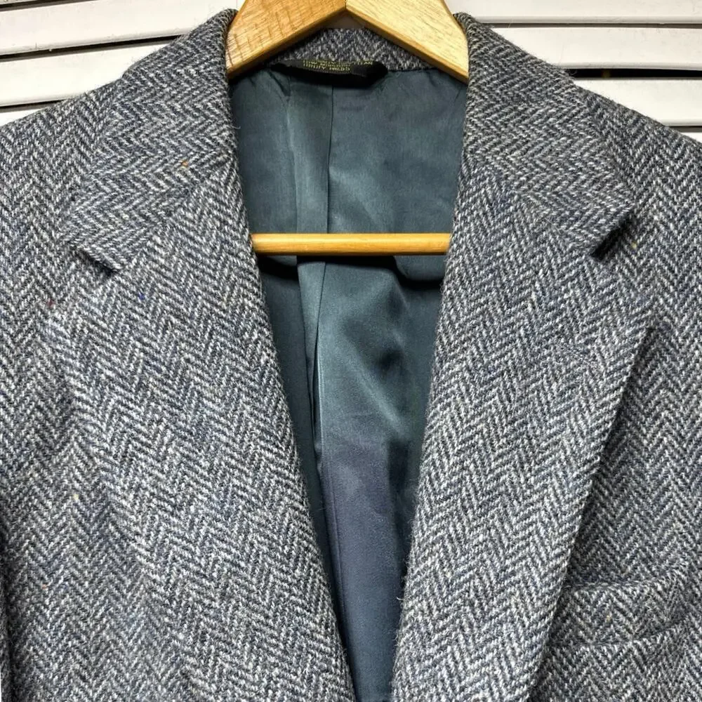 Harris Tweed Mens Scottish Wool Blazer Jacket Size 38/40 Blue Beige Herringbone